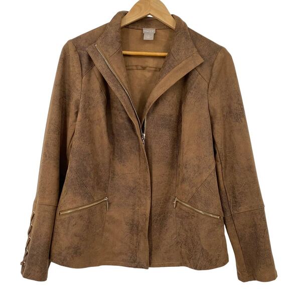 Chicos Faux Suede Jacket Zipper Front Moto Lace Up Sleeves Brown Womens Small 4 - Picture 1 of 8